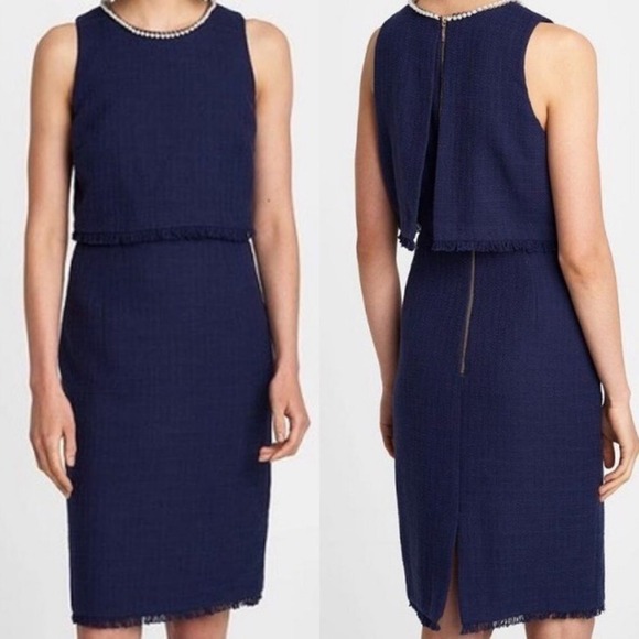 Karl Lagerfeld Navy Tweed Pearl Neck Shift Dress - Picture 1 of 13